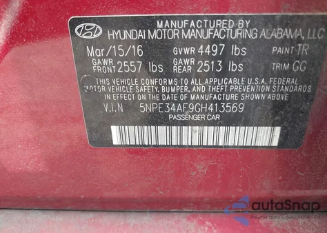 2016 Hyundai Sonata Sport z USA, uszkodzony, nr VIN 5NPE34AF9GH413569